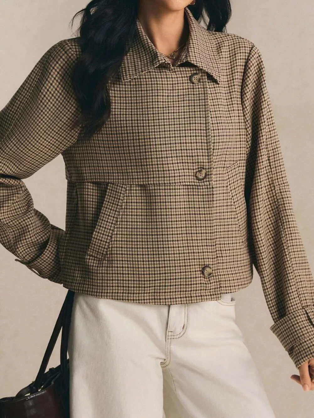Coffee Brown Casual Women's French Plaid Elegant Short Trench Coat